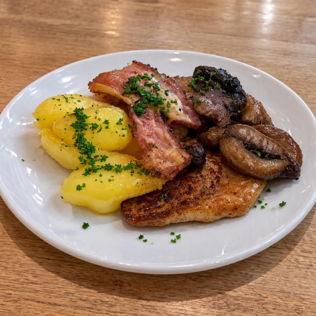 Schlachtplatte mit Bauchfleisch, Salzkartoffeln und Pilzen im Gasthaus Rose